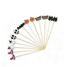 5/10/30/50/100/200pcs Halloween Bamboo Cake Toppers, Ghost Pumpkin Bat Skull Spider Shaped Cake Picks, Party Dessert Table Decoration - Multicolor - View 9