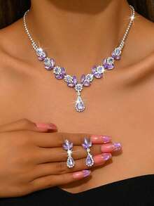 Ensemble de collier et boucles d'oreilles floral minimaliste élégant de luxe super brillant, convient pour les occasions quotidiennes et de fête, toutes saisons - Prune - Voir 1