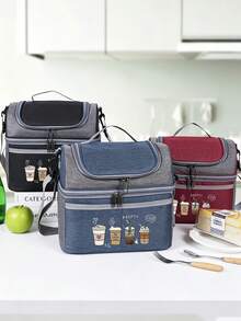 Four Cups Of Coffee Print Lunch Bag With Insulated, Dual-Compartment Lunch Bag With Shoulder Strap, Practical, Versatile Gift For Family And Friends - Multicolor - View 6