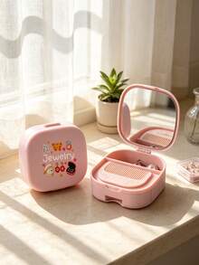Small Jewelry Organizer With Mirror, Jewelry Storage Box, Drawer Style Beauty Mirror, Printed With Cartoon Jewelry Pattern, Built-In Mirror And Compartments, Vanity Tabletop Storage Box, Organizes Rings, Earrings, Bracelets And Necklaces, Graduation Season, Back To School, Teacher's Day, Valentine's Day, Party Gifts - Multicolor - View 8