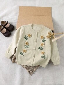 Jaket Kardigan Rajut Lengan Panjang Leher Bulat Motif Bunga Rajutan 3D untuk Anak Perempuan, Gaya Baru Musim Semi/Gugur - Krem - View 1