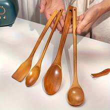 5pcs Wooden Cooking Utensil Set, Long Handle Stir-Fry Spoon, Non-Stick Wooden Heat-Resistant Soup Ladle, Kitchen Cookware Tools, Kitchen Utensil Set, New Home Decor Gift, Best Gift For Parents - Burnt Orange - View 13