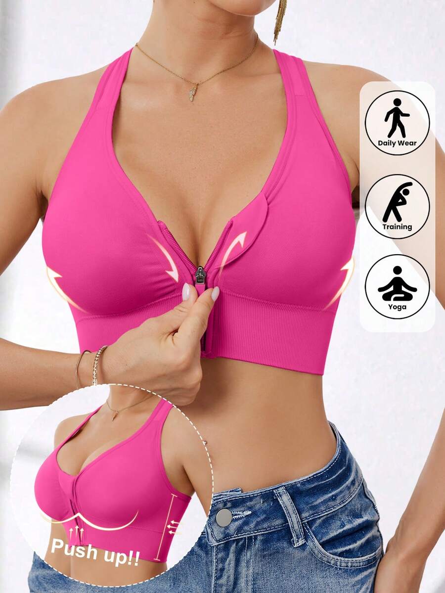 Women's High Intensity Front Zip Seamless Wireless Sports Bra, Suitable For Spring, Summer, Autumn And Winter - Hot Pink - View 1