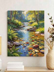 1pc Oil Painting By Numbers Kit, Forest Stream DIY Art & Craft, Home Wall Decor, Canvas Oil Painting Decoration, Holiday Gift Includes Paintbrushes And Paints. - Sets - View 3