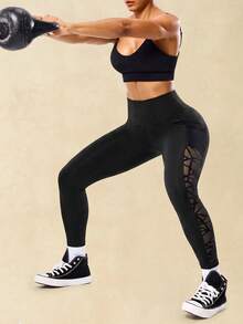 Women's High Waist Tummy Control Athletic Leggings, Side Geometric Mesh Patchwork, Back Reflective Dot Decor, High Elasticity Butt Lifting Yoga Leggings - Black - View 6