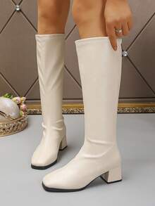 XfxfA Women's Fashion Back Zipper Chunky Heel Boots, Suitable For Street/Commute/Daily Casual Wear - White - View 4