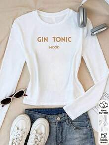 Women's Pure Cotton Long Sleeve Top T-Shirt Casual Tee With Gold 'GIN TONIC MOOD' Print, Crew Neck Slim Fit, Autumn Winter Basic Layering Blouse - White - View 3