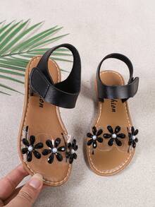 Cute Girls' Black 3D Flower Sandals, Criss-Cross Elastic Ankle Strap, Open Toe Kids' Summer Shoes, Suitable For Party, Daily, Vacation - Black - View 3