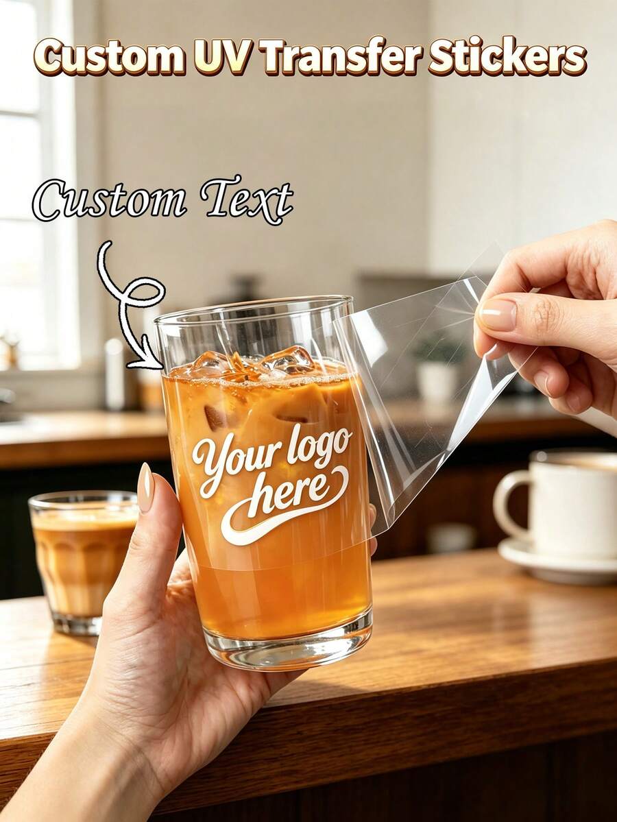 1/10/15pcs Personalized UV Transfer Stickers, Multiple Sizes Transparent Decals, Scratch-Resistant No-Residue Self-Adhesive Custom Logo Labels, Suitable For Tumblers, Metal Boxes, Glass Bottles, Gift Packaging - Multicolor - View 1