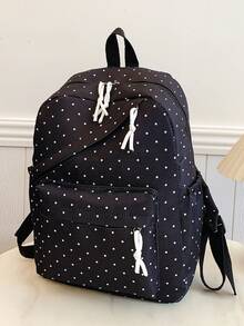 1 Large Capacity Nylon Student Backpack; Minimalist Polka Dot Print College Student Backpack; Nylon Backpack For Teen Girls - Black - View 4