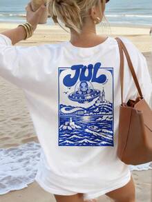 Capsule Wardrobe Cotton Top, Fun Retro Alien Coastal Scene Frame Back Print, Ideal For Office Date Afternoon Tea Wear - White - View 1