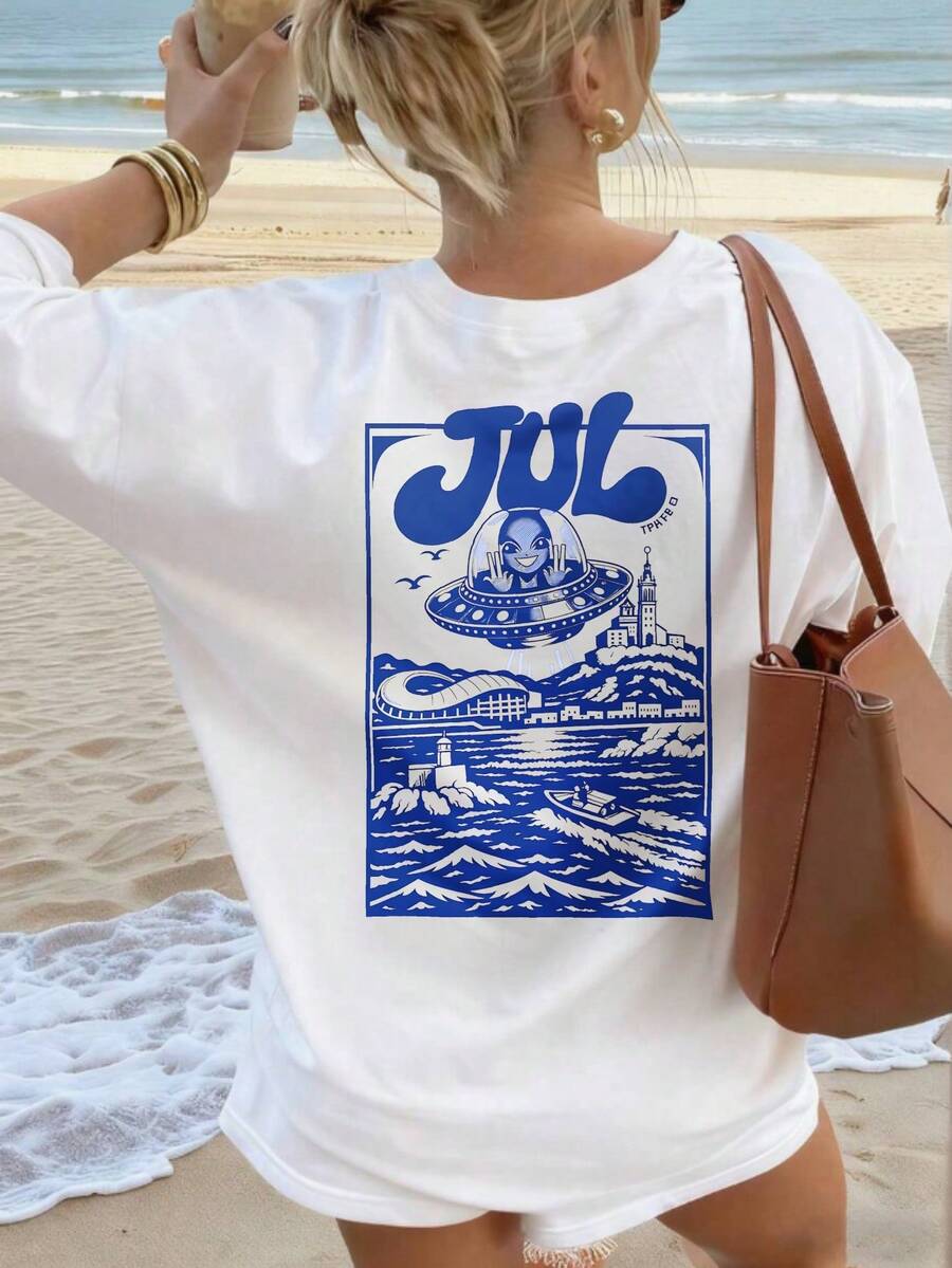 Capsule Wardrobe Cotton Top, Fun Retro Alien Coastal Scene Frame Back Print, Ideal For Office Date Afternoon Tea Wear - White - View 1