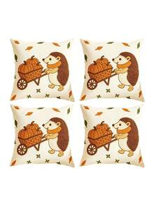 1/2/4pcs Short Plush Harvest Hedgehog Pattern Exquisite Embroidery Craft Cushion Pillowcase, Multiple Sizes, Universal Home Use, Pillow Insert Not Included - Orange - View 9