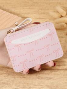 Fashion Bow Print Zipper Closure Women's Coin Wallet, Lightweight And Portable Cash, Credit Card, Coin Card Bag, Suitable For Outdoor And Travel - Pink - View 1