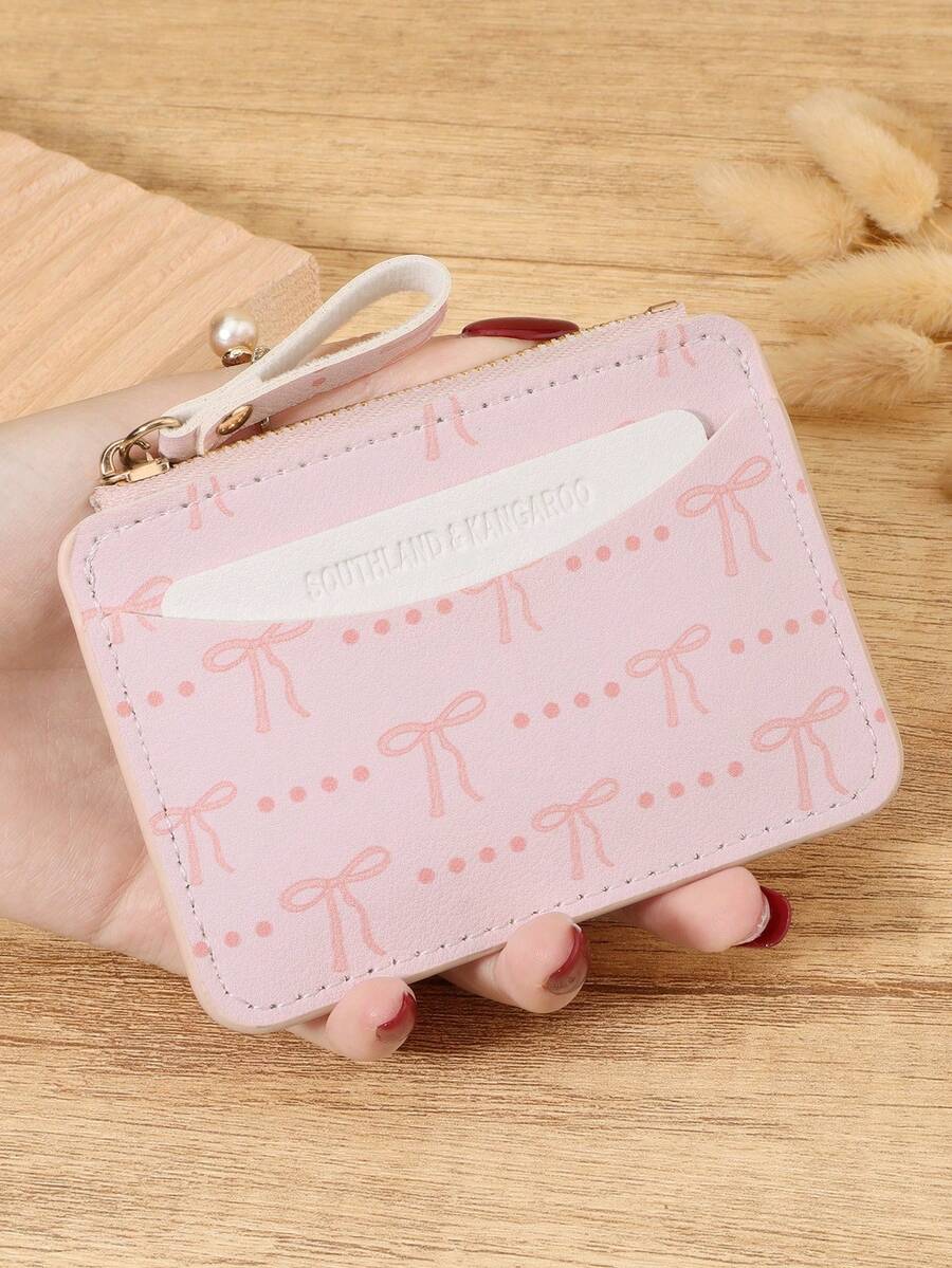 Fashion Bow Print Zipper Closure Women's Coin Wallet, Lightweight And Portable Cash, Credit Card, Coin Card Bag, Suitable For Outdoor And Travel - Pink - View 1
