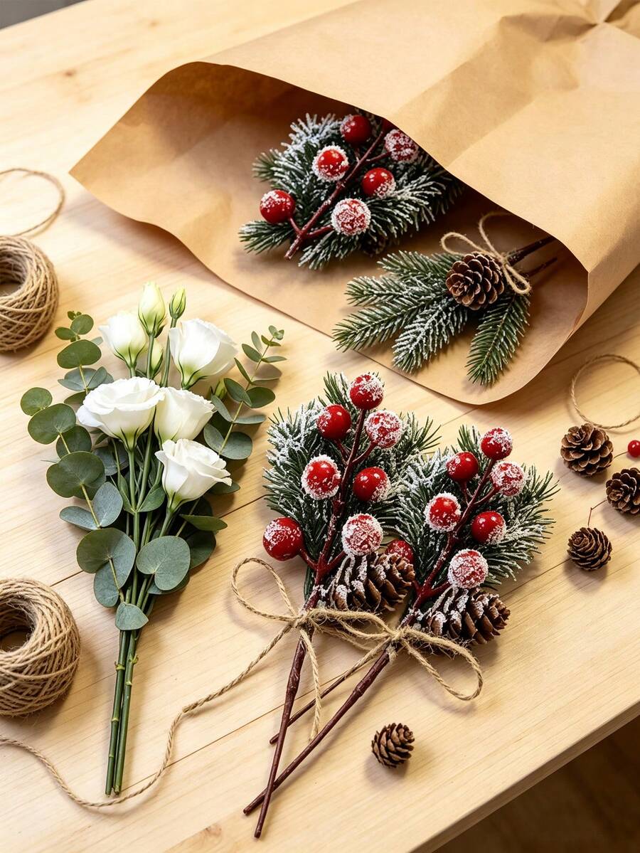 10/5/1pc Artificial Red Berry Branches, Plant Bouquet With Pine Branches And Jute Rope Bow, Suitable For Garden, Balcony, Yard Decoration, Wedding, Mother's Day, Christmas Tree Decoration, Bouquet Wreath, Holiday Decoration, Ideal For Home, Hotel And Holiday Scenes - Multicolor - View 1