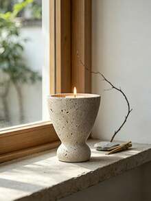 1pc Aesthetic Bulky‑Base Curved Outline Candle Holder Practical Candle Container For Dining Table Entryway Bedroom Wedding Festive Home Decoration - Stone Cup - View 2