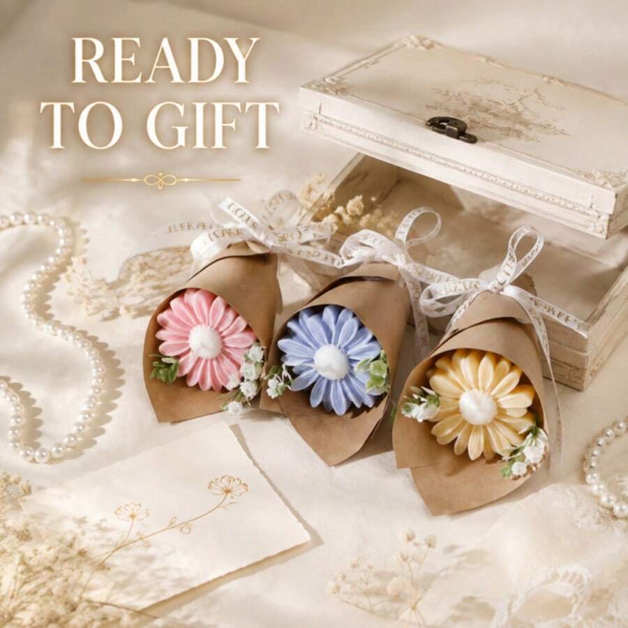1PC Mini Daisy Flower Bouquet Scented Candle,4.3in/11cm Kraft Paper Wrapped Aromatherapy Soy Wax Candle,Decorative Table Ornament,Home Fragrance Decor,Gift For Women,Birthday Holiday Wedding Favor - B - View 1