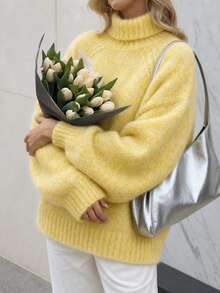 Women's Cream Yellow High Neck Ribbed Pullover, Mohair Loose Drop Shoulder Style, Comfortable Long Sleeve Autumn/Winter Layering, Halloween Christmas Y2K Style - Pale Yellow - View 10