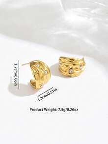 1 Pair Luxury 18K Gold Stainless Steel Wrinkled Studded Earrings With Unique Asymmetrical Texture Design, High-End Quality, Suitable For Women's Daily Commute, Versatile Choice - Earrings - View 4