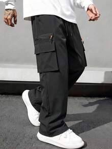 Multi-Pocket Men's Straight Leg Outdoor Sports Casual Pants, Lightweight Loose Cargo Pants For Spring And Autumn, Suitable For Daily Wear And Work - Black - View 1