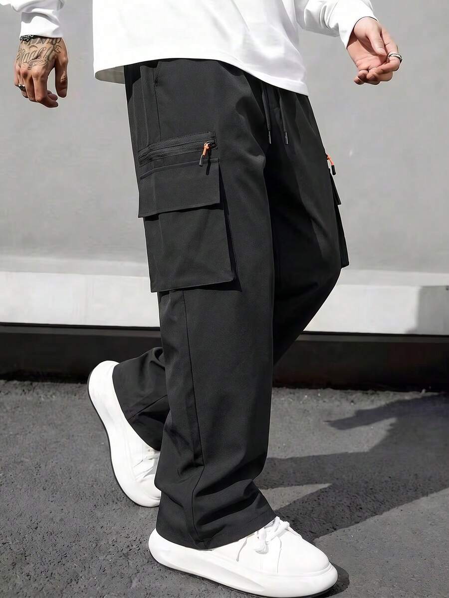Multi-Pocket Men's Straight Leg Outdoor Sports Casual Pants, Lightweight Loose Cargo Pants For Spring And Autumn, Suitable For Daily Wear And Work - Black - View 1