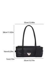 Women's Shoulder Bag, Metal Snap Lock Flap Design With Long Handle And Side Decorative Strap, Flap Snap Closure, Vintage Intellectual French Baguette Bag, French Minimalist Long Handbag Underarm Bag For Commuting And Dating - Black - View 2