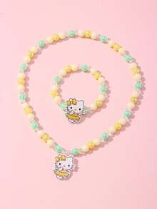 2pcs Sanrio Kids Jewelry Accessories Cute Kitty Pendant Beaded Bracelet Necklace Set, Suitable For Holiday Parties, Campus Birthday Gifts For Girls - Multicolor - View 2