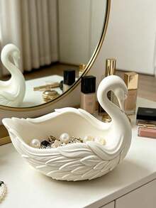 Swan Jewelry Tray, Embossed Wing Design Jewelry Storage Dish, Ins Style Pure White Desktop Organizer, Entryway Key Holder, Vanity Earring Necklace Storage, Romantic Wedding Decor Ornament, Wedding Decoration/Gift, Holiday Gift, Cosmetic Organizer, Room Decor - Multicolor - View 5