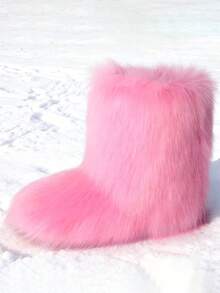Neutral Solid Color Faux Fur And Ankle Snow Boots, Y2K Warm Party Boots, Suitable For Daily Holiday Wear, Christmas And Halloween Gifts - Pink - View 2