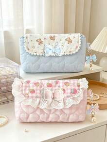 Lace Bow Pencil Case, Large Capacity Stationery Storage Bag With Detachable Pearl Pendant, Sweet Makeup Organizer, Back To School Gift For Teenage Girls - Multicolor - View 5