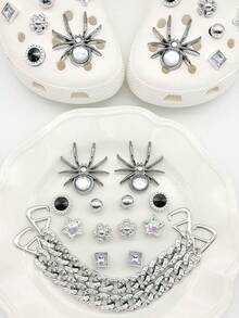 14pcs Gun Black Spider Dark Style Clog Shoe Charms, Rhinestone Star Flower DIY Alloy Shoe Buckle Set - Silver - View 11