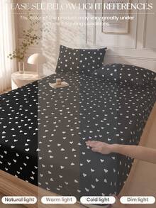1pc Simple Fashion Black & White Heart Pattern Fitted Sheet, Modern Fashion Mattress Protector, Soft & Breathable, --Single Bed, Double Bed, King Size, Queen Size, Deep Pocket Design Up To 11.8 Inches, Machine Washable. Back To School Season, Dormitory Essential - Black - View 4
