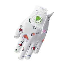 FINGER TEN Women Golf Glove With Ball Marker 1 Pack For Left Hand, Breathable Half Finger Design With Beer & Golf Club Patterns For Stable Swing Performance, Comfortable Fit For Ladies - White - View 1