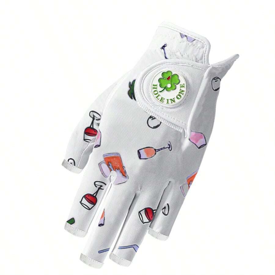 FINGER TEN Women Golf Glove With Ball Marker 1 Pack For Left Hand, Breathable Half Finger Design With Beer & Golf Club Patterns For Stable Swing Performance, Comfortable Fit For Ladies - White - View 1