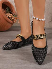 Hollow Mesh Low Vamp Women's Pointed Toe Metal Chain Buckle Soft Sole Comfortable Flat Shoes For Commuting - Black - View 5