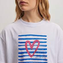 Oversized Fit Crew Neck Short Sleeve Pink Heart And Blue Stripes Print Soft Cotton Comfortable Casual Everyday Wear - White - View 3