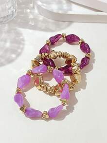 3件組時尚新款復古加粗多色自然紋理壓克力ABS材質彈力串珠手鍊組，適合女性日常配戴（附實際配戴材質展示圖） - 彩色 - 查看 4