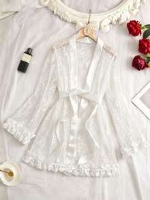 Jubah Lembut Nyaman dengan Hiasan Renda untuk Musim Semi/Panas dan Sabuk, Piyama Pesta Wanita, Jubah Pagi Elegan untuk Semua Musim - Putih - View 2