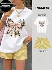2 Playera Blanca con Short Rayas Verde con Amarillo