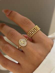 3pcs Old Money Style Cubic Zirconia Geometric Stackable Copper Rings Set, Suitable For Women's Daily And Party Wear, Quiet Luxury - Yellow Gold - View 2