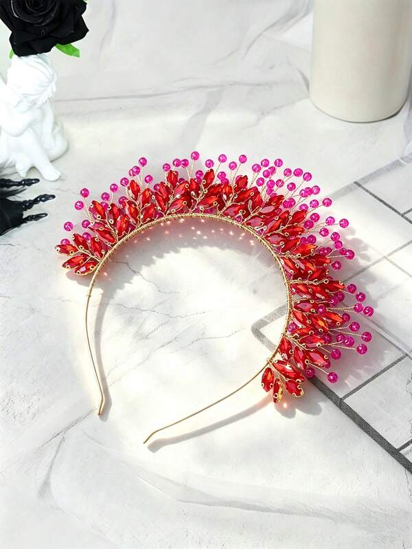 Gorgeous Red Rhinestone Crown Headband Metallic Bridal Hair Accessory Elegant Fashion Accessory For Beauty Pageants, Cosplay, And Performances