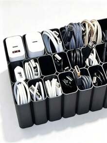 Cable Storage Box, Multi-Grid Plastic Charger Cable Rack, USB Cable Desktop Wire Management Container, Earphones, Charging Plug, Desktop Accessories Storage Box, Plastic Desktop Wire Management Bracket, Portable Charger Cable, Earphone Plug Storage Container, Office Desk Drawer Accessories Storage Box, Suitable For Office, Home, Bedroom, Desktop Wire Storage Box, Charging Cable And Charger Holder - Multicolor - View 1