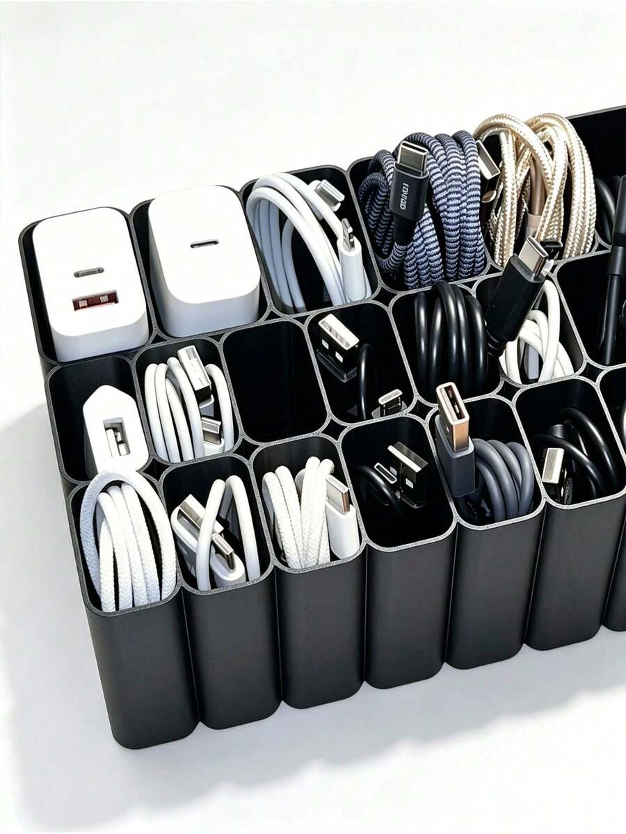 Cable Storage Box, Multi-Grid Plastic Charger Cable Rack, USB Cable Desktop Wire Management Container, Earphones, Charging Plug, Desktop Accessories Storage Box, Plastic Desktop Wire Management Bracket, Portable Charger Cable, Earphone Plug Storage Container, Office Desk Drawer Accessories Storage Box, Suitable For Office, Home, Bedroom, Desktop Wire Storage Box, Charging Cable And Charger Holder - Multicolor - View 1