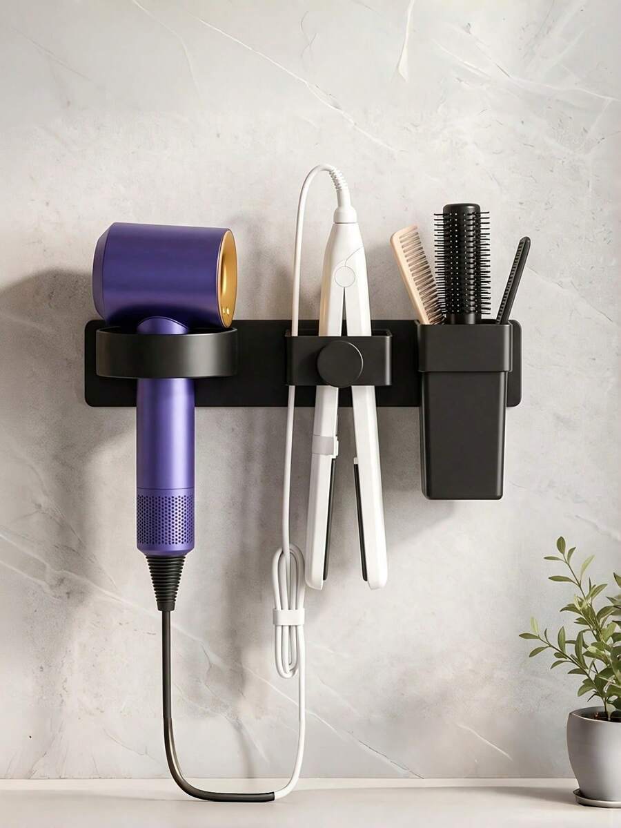 1/2pcs No-Drill Hair Tool Storage Rack, Wall-Mounted Hair Dryer Holder, Bathroom Wall Storage Box, Bathroom Decor, Suitable For Bathroom Storage, Home And Salon, College Dorm Essentials And Home Supplies