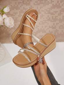 WomenEmbossed Wedge Slide Sandals, Open‑Toe Slip‑On Summer Platform Slippers - Silver - View 1