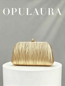 OpulAura 復古奢華手拿包，金色 PU 皮革亮面百褶設計時尚派對包，正式派對手拿包，高端方型小包，適合派對/婚禮/正式場合晚宴女士包，附鏈條 - 金色 - 查看 1