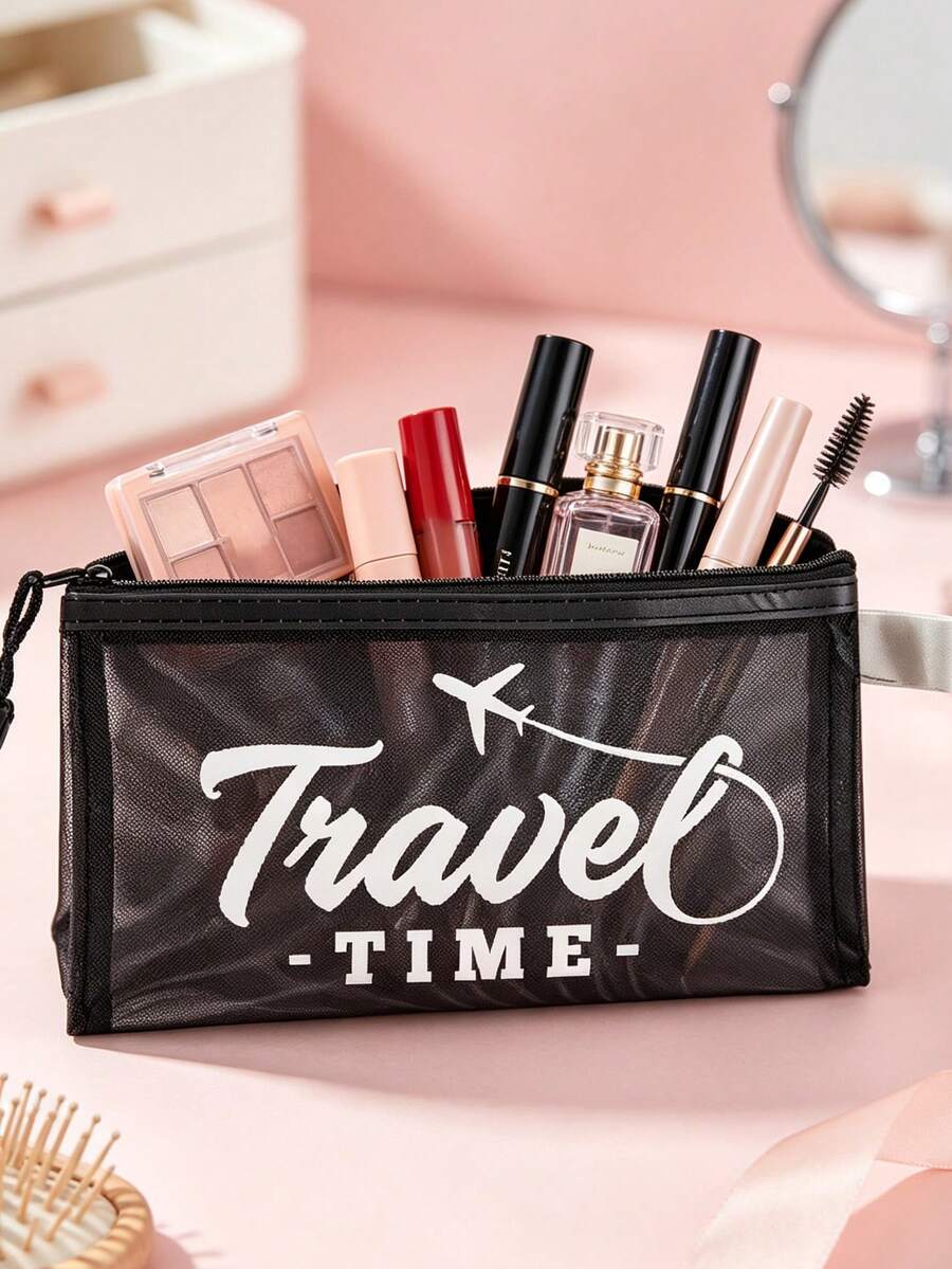 Lightweight Mesh Zipper Pouch With "Travel", Travel Print Makeup Bag,Multifunctional Storage Pouch, Portable Toiletry Storage Organizer For Cosmetics, Stationery & Travel Essentials,For Travel Vacation Daily Use - Multicolor - View 1