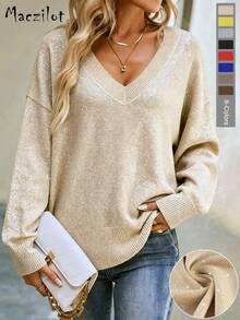 Plus Size Women Solid Color V-Neck Drop Shoulder Long Sleeve Casual Loose Knit Sweater, Autumn/Winter Fall - Light Yellow - View 3
