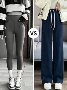 Women's Herringbone Banana Pants, Long Straight-Leg Trousers With Pockets And Slit Design, Suitable For Autumn/Winter Wear, Daily Commute Outfit - Royal Blue - View 8